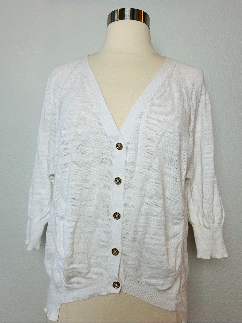 Juicy Couture Sweater Cardigan Women's S White Gold Button Knit 3/4 Sleeve Y2K